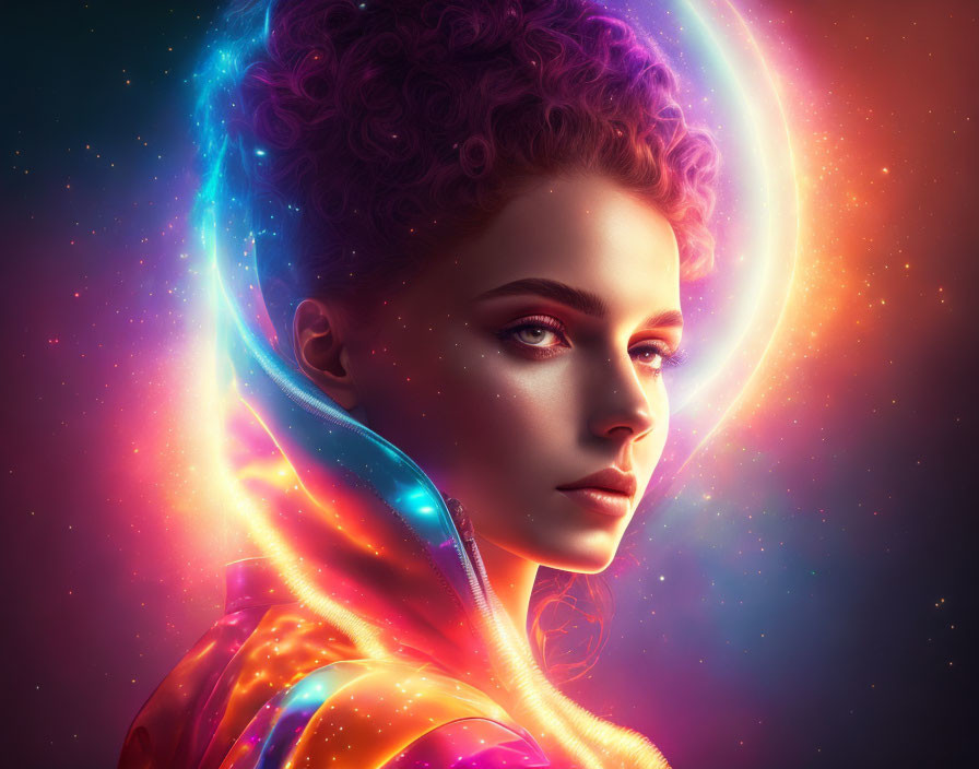 Vibrant cosmic energy woman with swirling colors and intense gaze