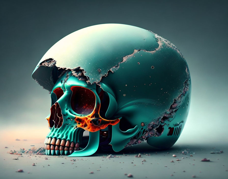 Turquoise Human Skull Artwork Disintegrating on Neutral Background