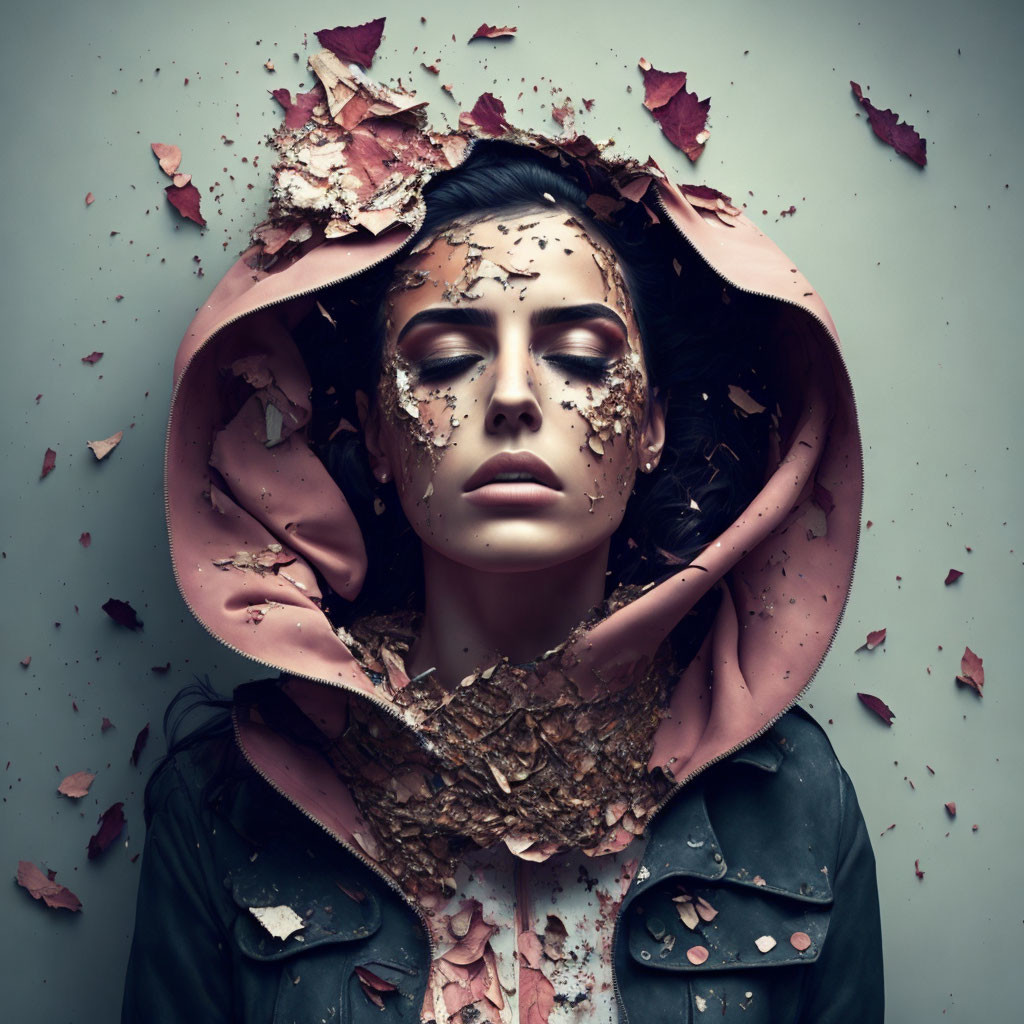 Woman in hood with closed eyes adorned with leaf fragments exudes serene autumnal vibe