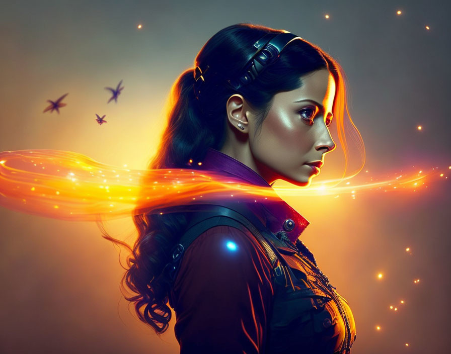 Futuristic woman with glowing orange elements in dim background