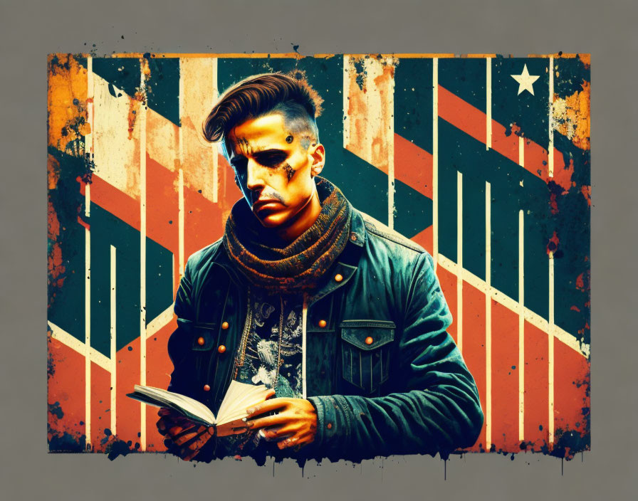 Stylized portrait of man reading book with American flag background.