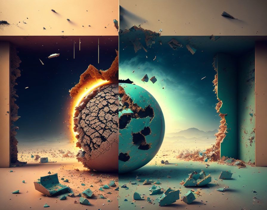 Surreal artwork of disintegrating planet and lush world contrasted under dusky sky