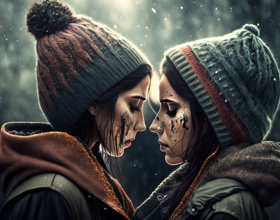 Two individuals in knitted hats with face paint, close together in snowy setting