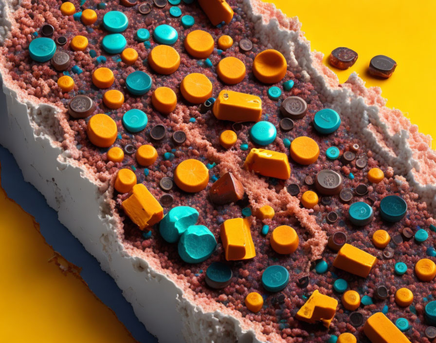 Vibrant Lego pieces on textured terrain against yellow backdrop