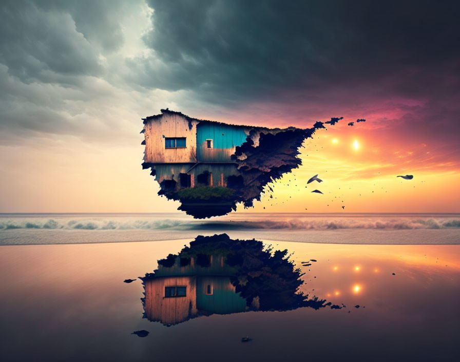 Floating Island House Reflecting on Water at Sunset