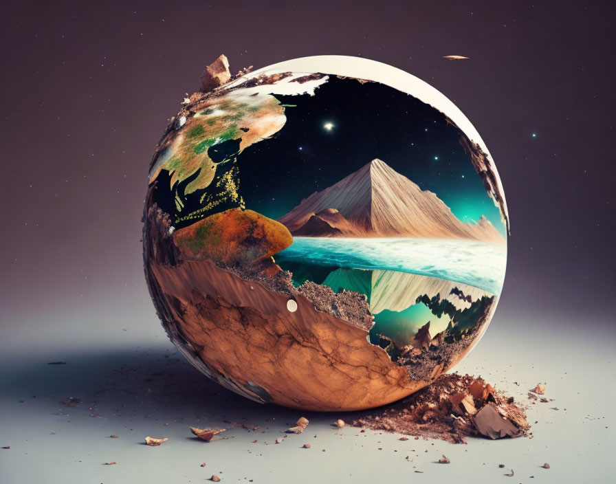 Surreal cracked sphere reveals vivid landscape with mountains and starry sky