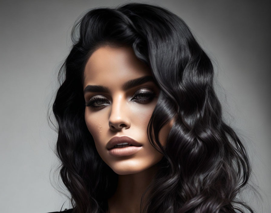 Voluminous wavy black hair and smoky eye makeup on a woman.