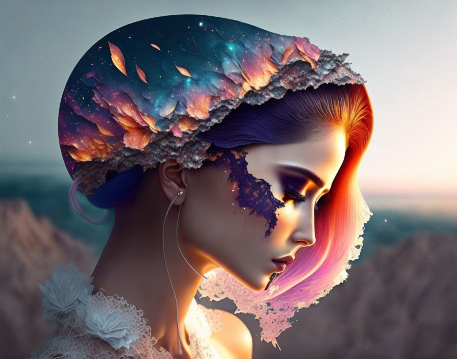 Digital artwork: Woman's profile with cosmic head blending into starry space against mountain backdrop