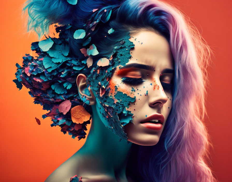 Vibrant multicolored hair with artistic makeup and floral elements.