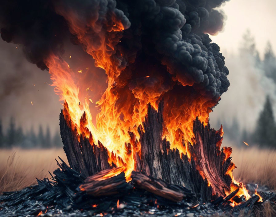 Intense burning charred tree stump in dusky forest landscape