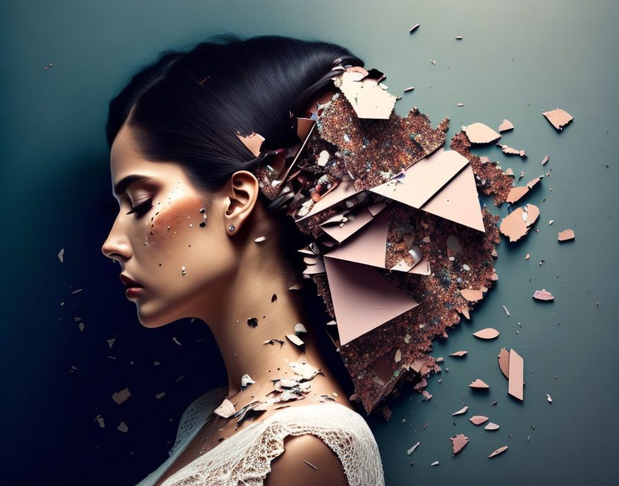 Profile of a woman with shattered head in earthy tones on turquoise background