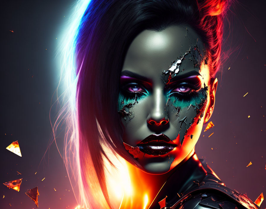 Futuristic digital artwork of a woman with cracked, glowing face