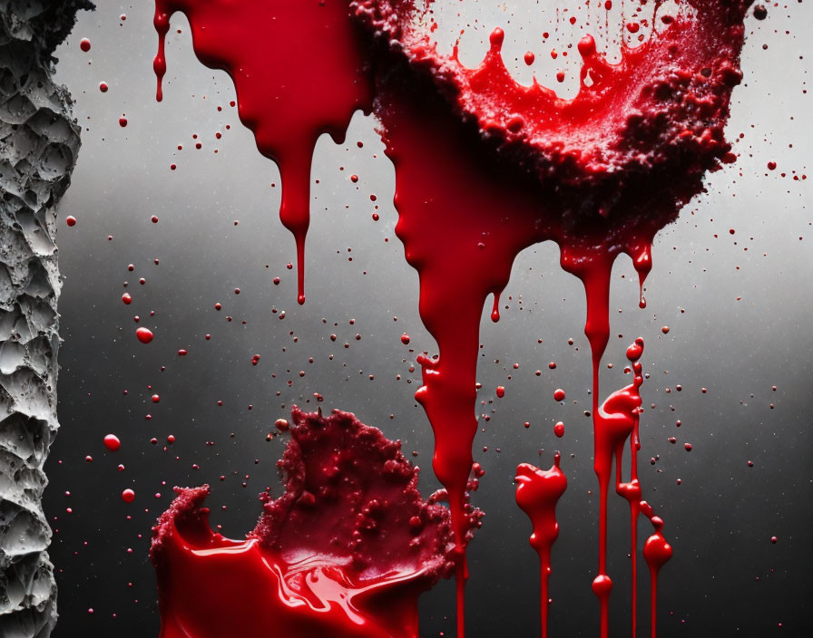 Dynamic red liquid splatter on dark surface creates vivid contrast