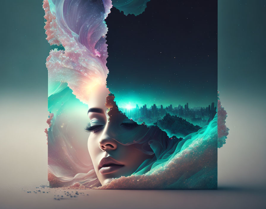 Surreal portrait blending woman's profile with cosmic and cityscape elements