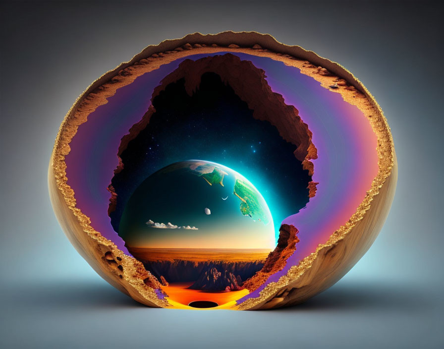 Surreal image: Hollow Earth with outer crust, vibrant inner world, lava, space view,