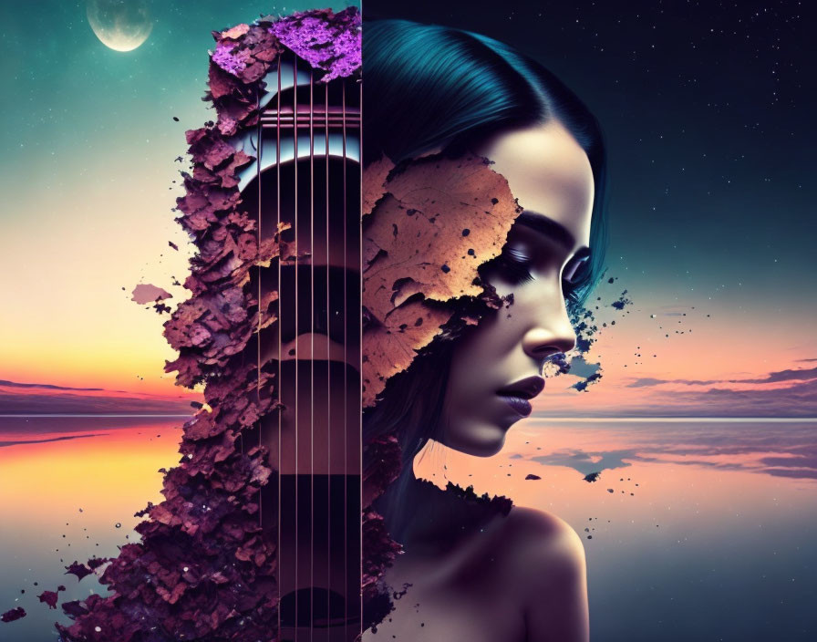 Surreal artwork: Woman's face merges with guitar in sunset landscape