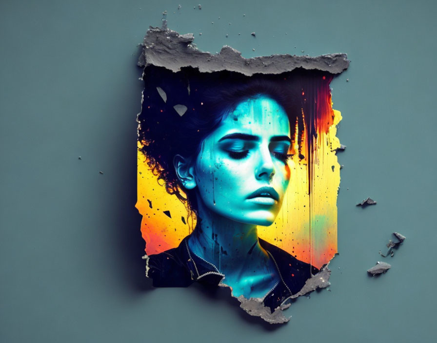 Surreal portrait of woman with blue skin and vibrant wall splashes