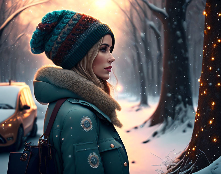 Woman in winter hat and coat in snowy forest with illuminated trees.