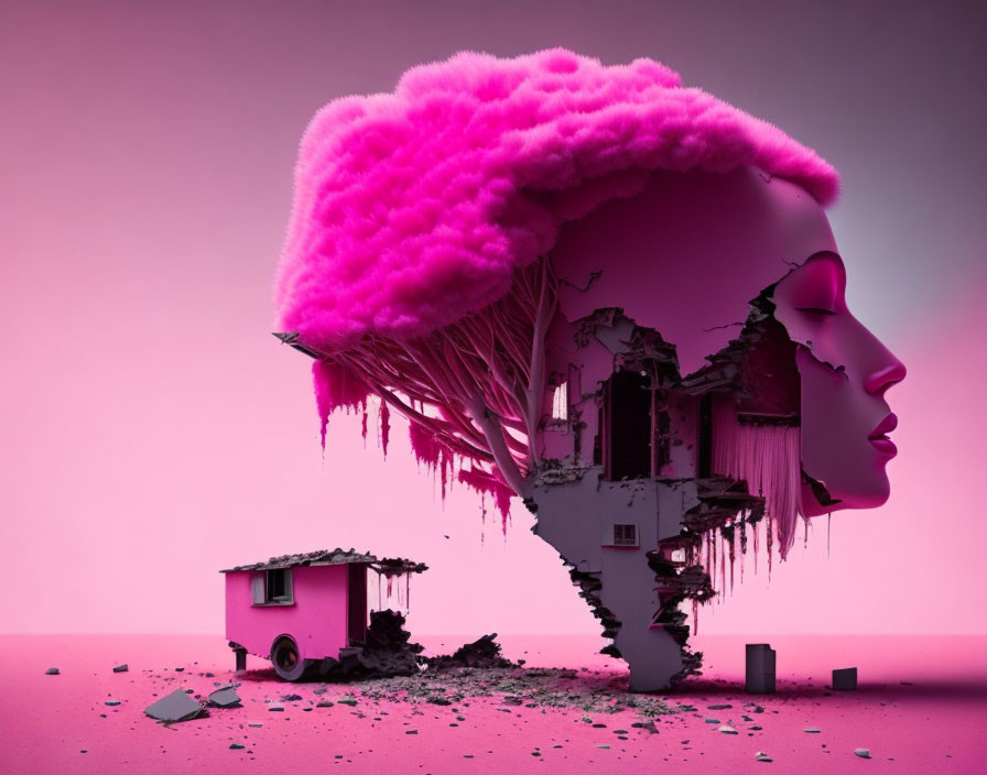 Surreal female head profile disintegrating into landscape with house on pink background