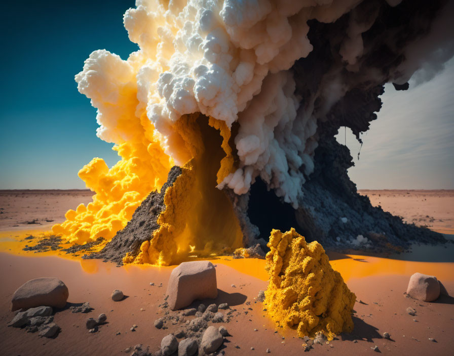 Explosive volcanic eruption with billowing smoke and yellow lava flow in desert landscape