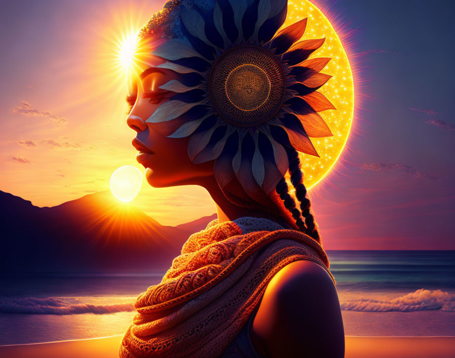 Vibrant woman profile with sunburst headdress at sunset.