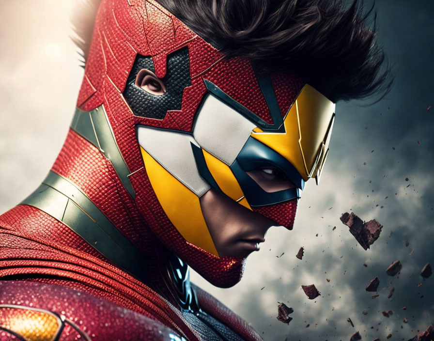 Detailed Red and Gold Superhero Costume Against Dynamic Blurred Background