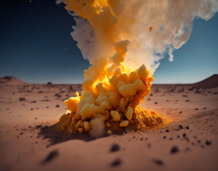 Desert explosion spews flames and smoke into blue sky