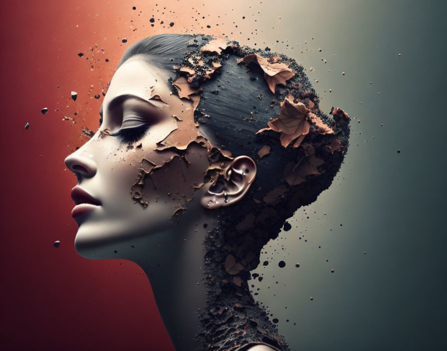 Portrait of Woman with Cracked Clay Texture on Face and Gradient Background