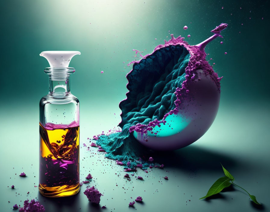 Glass bottle with amber liquid beside shattered purple spherical object on green gradient background