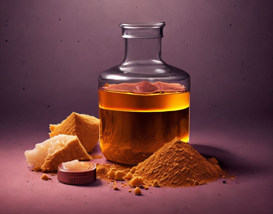 Glass jar with honey, beeswax, balm, and cinnamon on purple background