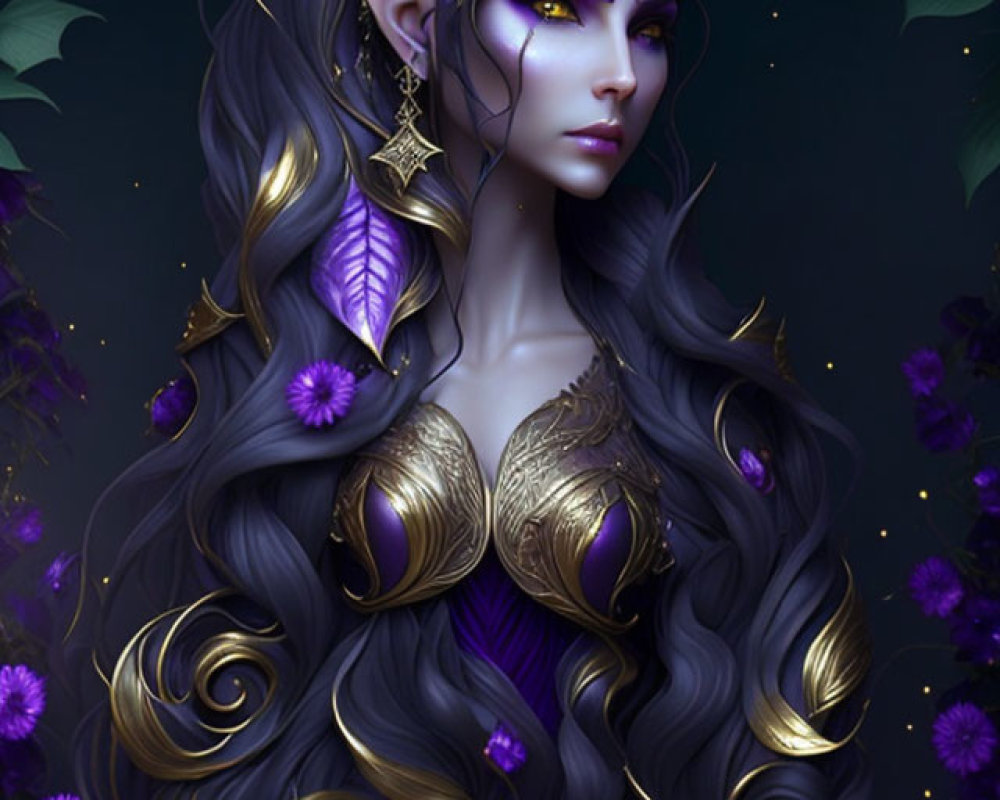 Fantasy Artwork of Female Character in Purple Skin and Golden Armor