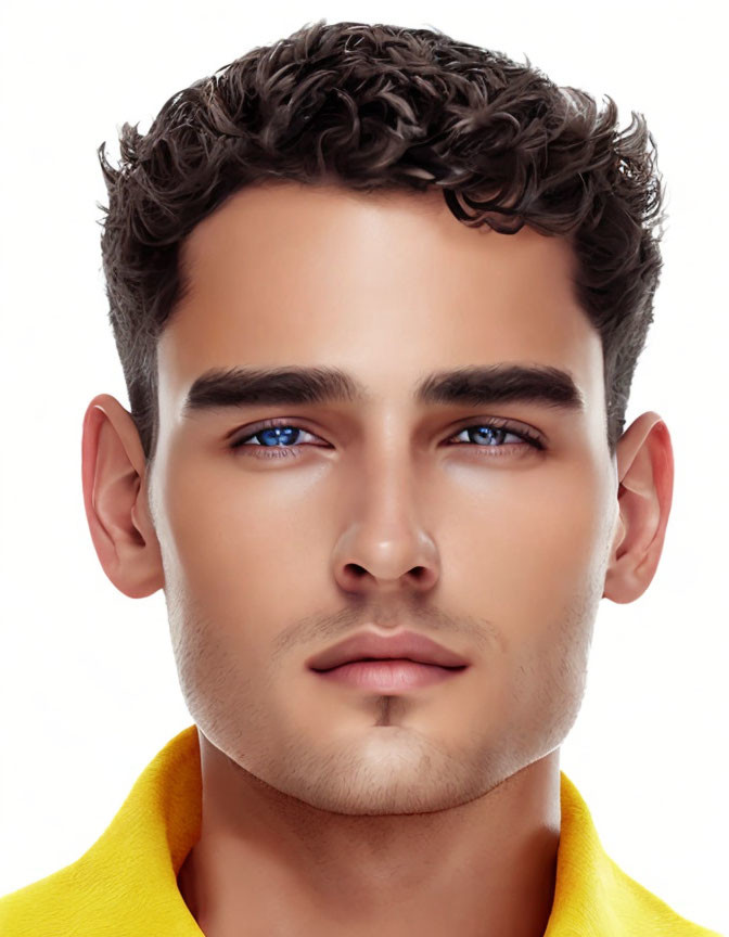 Man with Curly Hair, Blue Eyes, and Beard in Yellow Garment