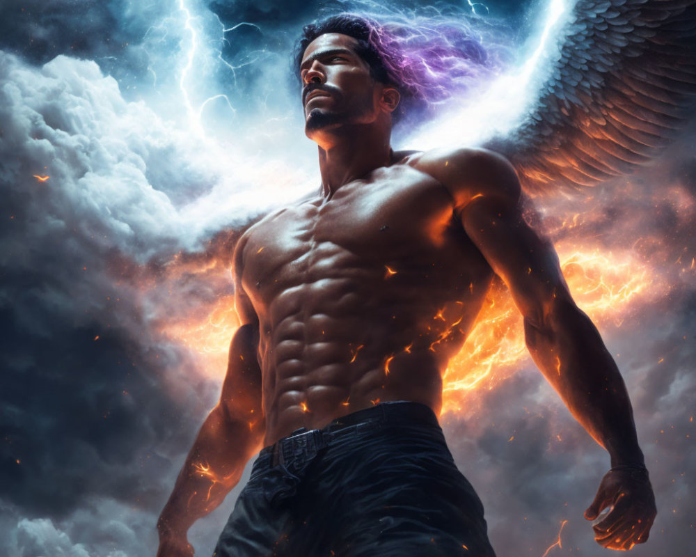 Muscular figure with outstretched angelic wing in fiery storm.