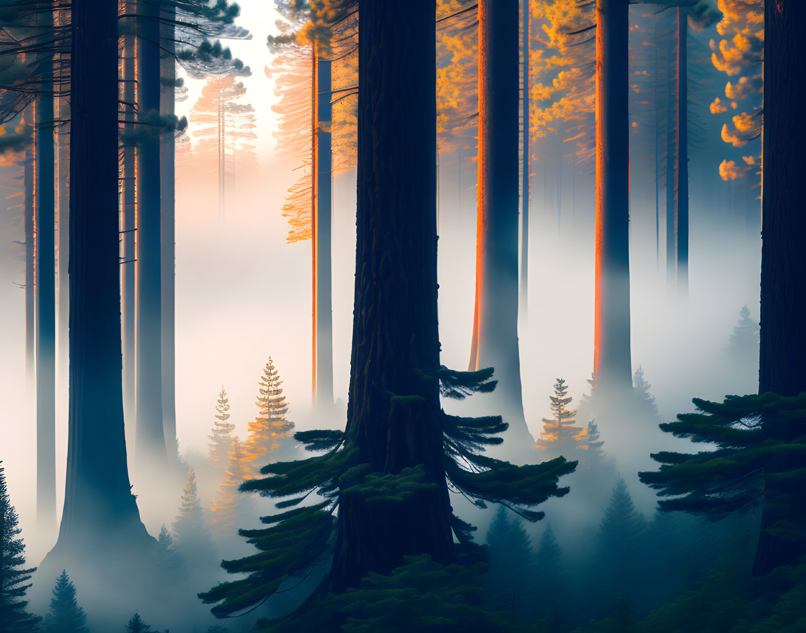 Sunlit Misty Forest at Sunrise with Tall Trees and Fog