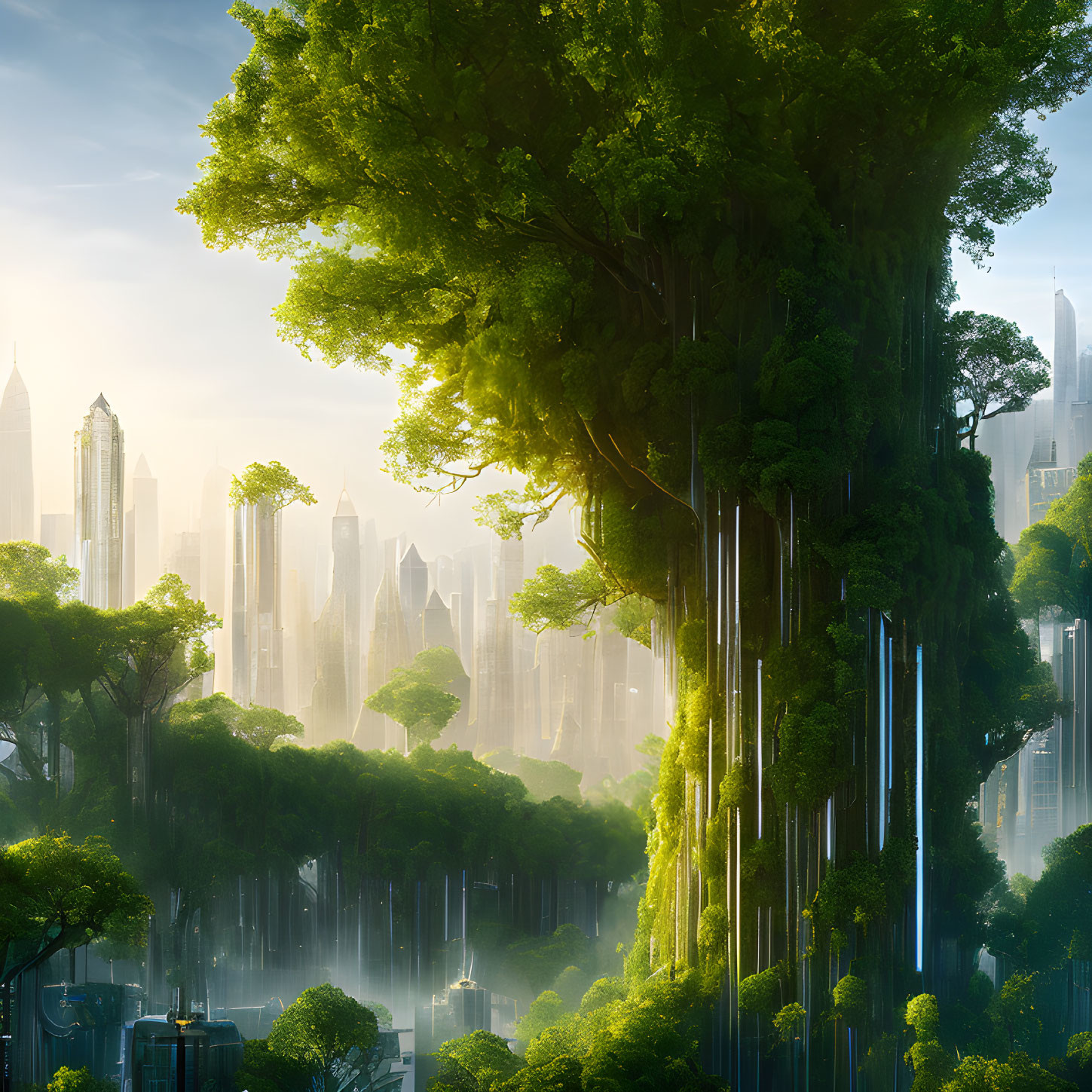 Giant tree overlooking misty futuristic cityscape and waterfalls