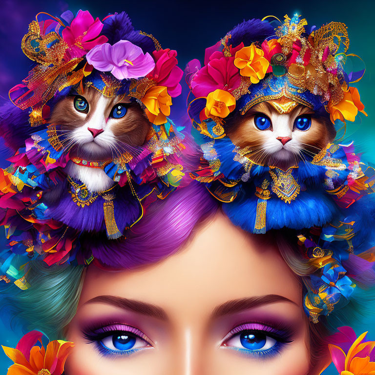 Whimsical cats in ornate floral hats on woman's head with purple hair