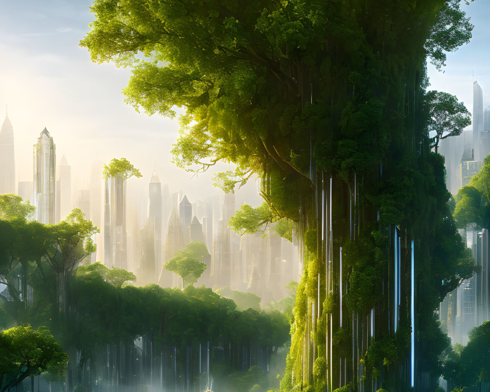 Giant tree overlooking misty futuristic cityscape and waterfalls