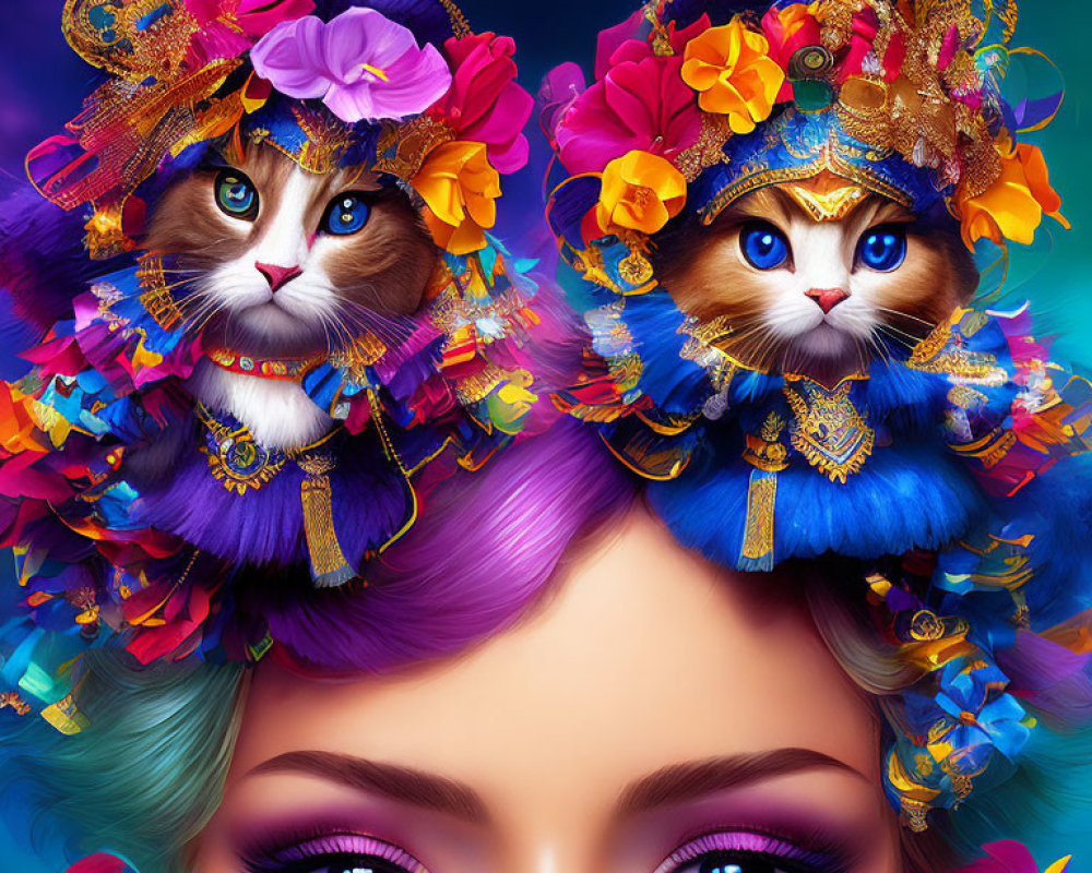 Whimsical cats in ornate floral hats on woman's head with purple hair