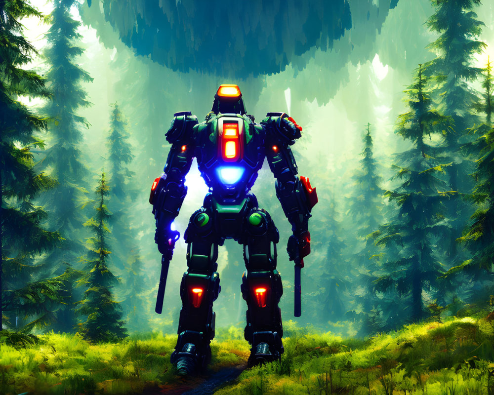 Glowing blue and red mech in foggy forest landscape