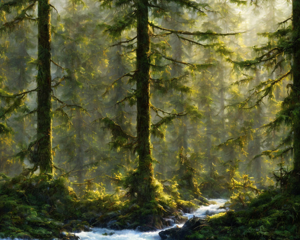 Misty forest scene with sunlight filtering through trees