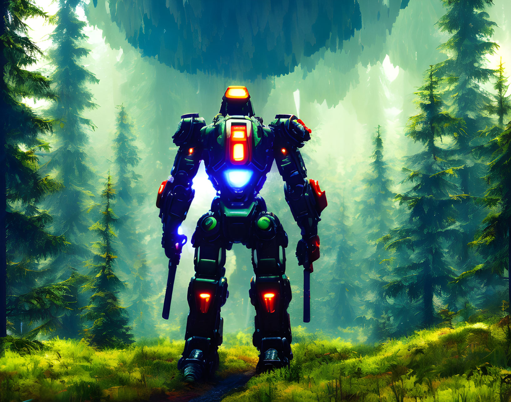 Glowing blue and red mech in foggy forest landscape