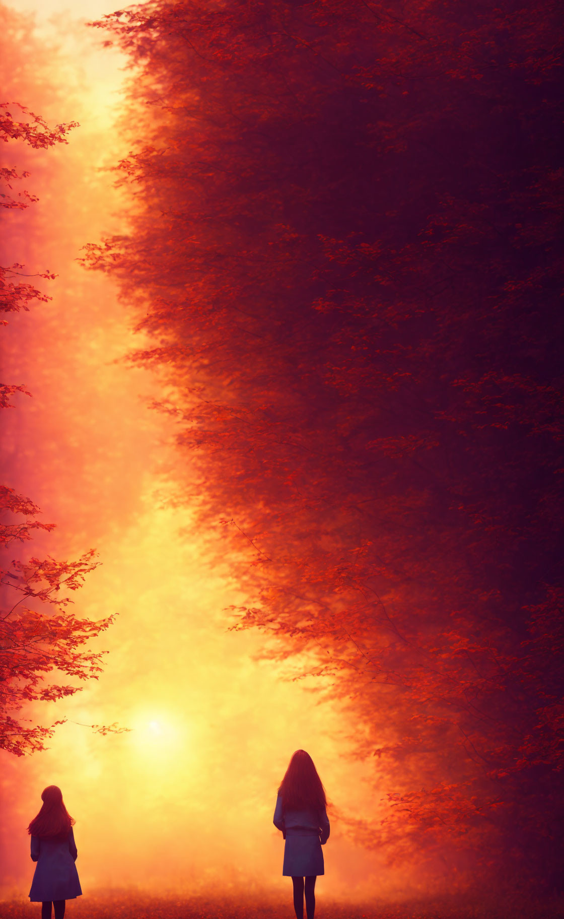 Silhouetted figures in fiery red forest with radiant sun.