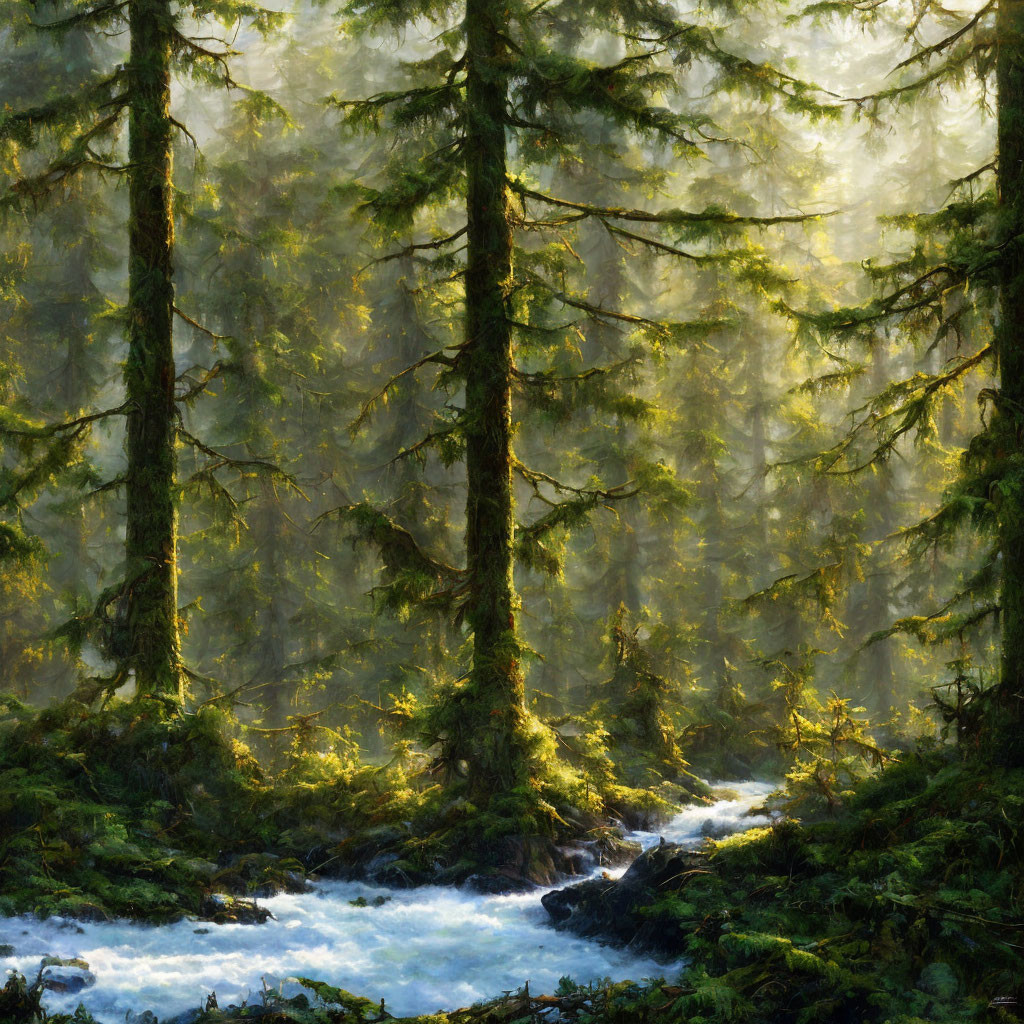 Misty forest scene with sunlight filtering through trees