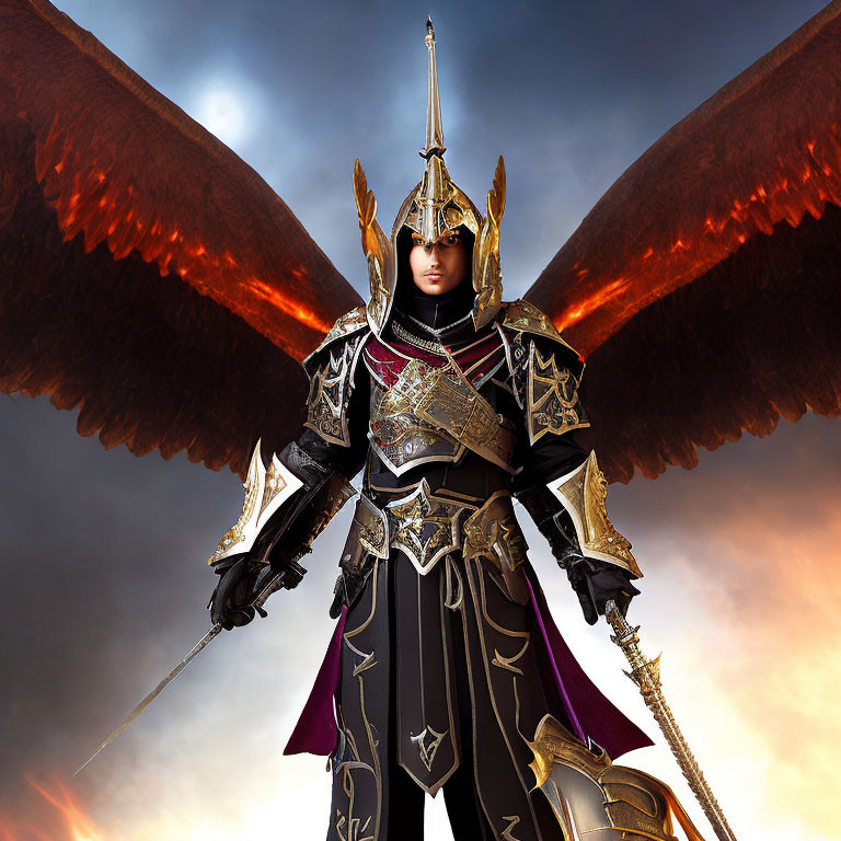 Golden-armored warrior with sword and fiery wings in stormy sky.