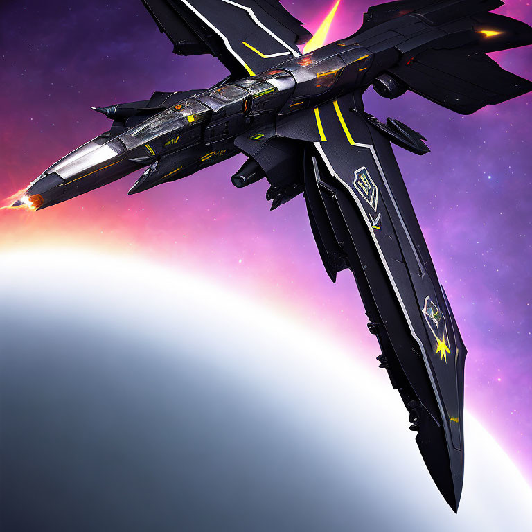 Futuristic spaceship with glowing yellow accents above planet in starry purple-tinted cosmic background