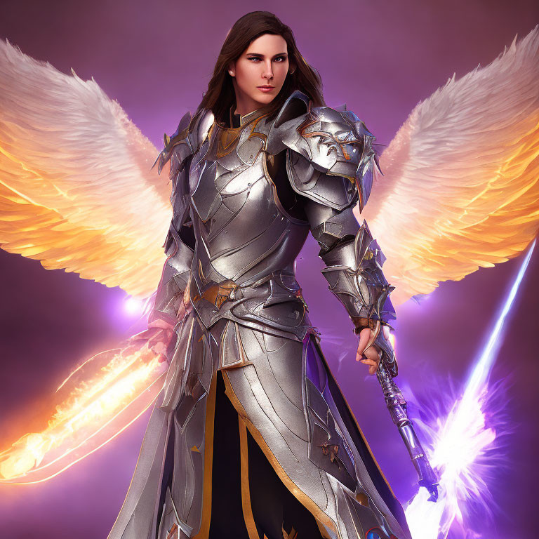 Digital artwork: Warrior with angelic wings in ornate armor and glowing sword on purple background