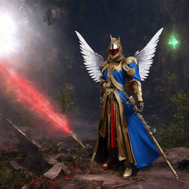 Knight with angelic wings in red and blue tunic and golden armor in misty forest with sword