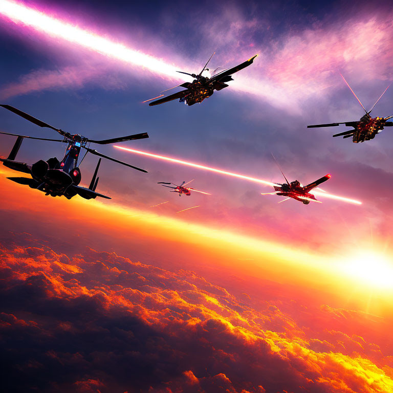 Aerial Formation of Helicopters and Planes at Sunset with Colored Contrails