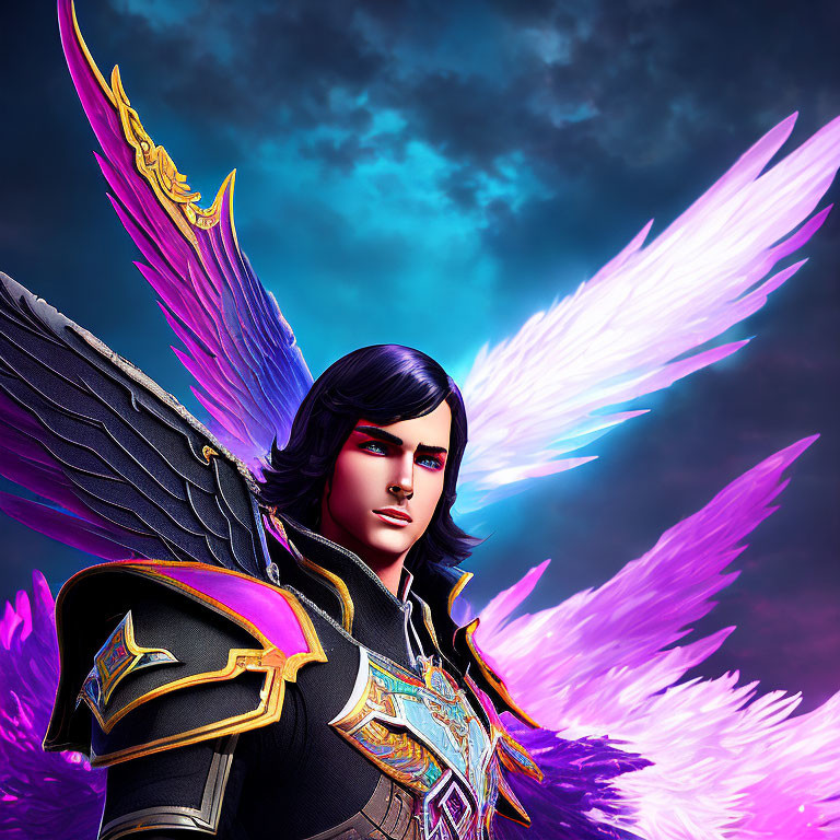 Character with purple feathered wings and golden armor in digital illustration