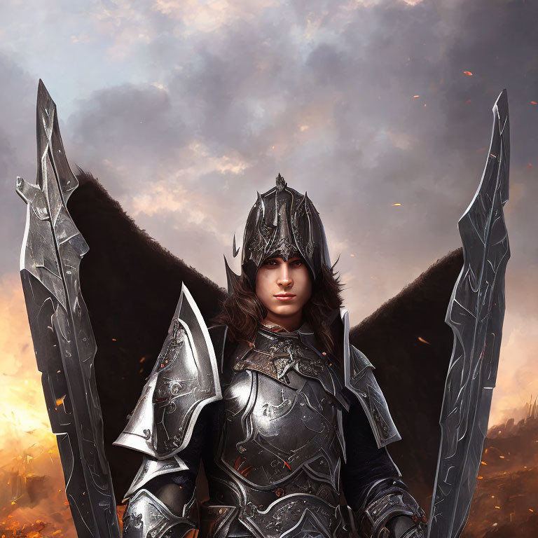 Silver-armored warrior with fur cloak and wing-like structures in dusky sky